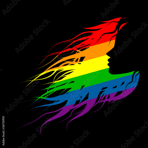 Rainbow flag movement lgbt, flat icon. Symbol of sexual minorities and lesbians. T-shirt print. Girl profile. Vector illustration