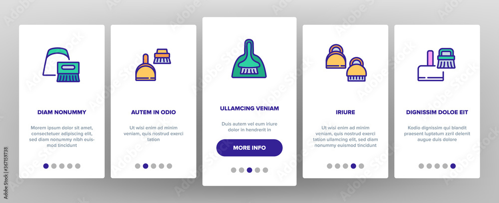 Dustpan And Brush Tool Onboarding Mobile App Page Screen Vector. Dustpan And Broom For Cleaning Dust Equipment, Sweeping Housework Cleaner Illustrations