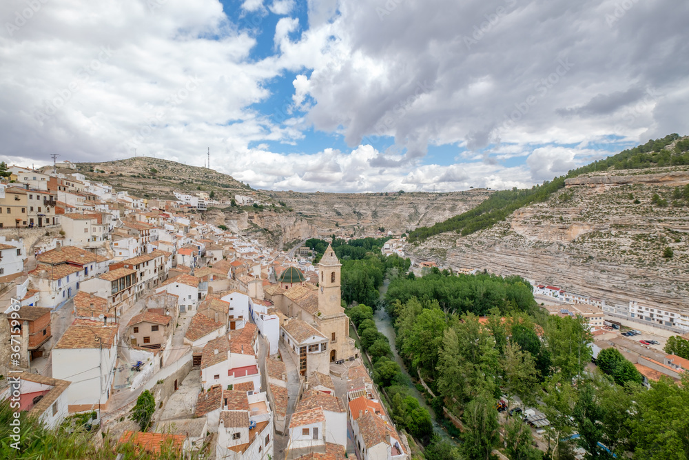 Obraz premium Alcala del Jucar Albacete Spain Jucar river aerial shot