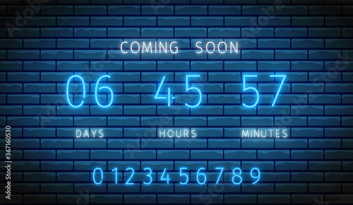 Countdown timer. Neon clock counter. Vector. Illuminated digital count down. Coming soon board. Glowing days, hours and minutes on brick wall. Shiny scoreboard on display. Led design illustration