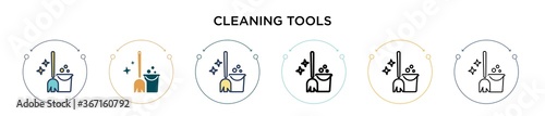 Cleaning tools icon in filled, thin line, outline and stroke style. Vector illustration of two colored and black cleaning tools vector icons designs can be used for mobile, ui, web