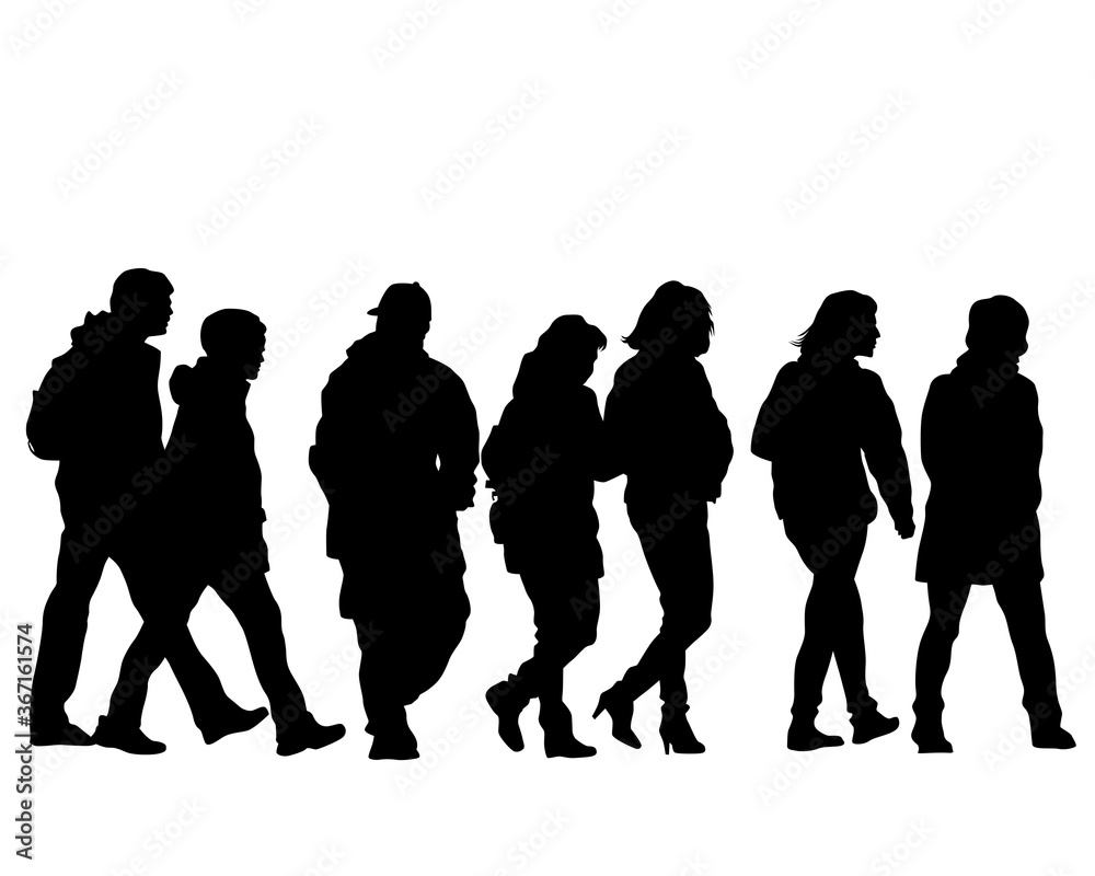 Man and woman walking down street on white background Man and woman walking down street on white background