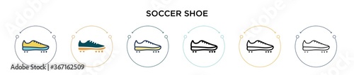 Soccer shoe icon in filled, thin line, outline and stroke style. Vector illustration of two colored and black soccer shoe vector icons designs can be used for mobile, ui, web