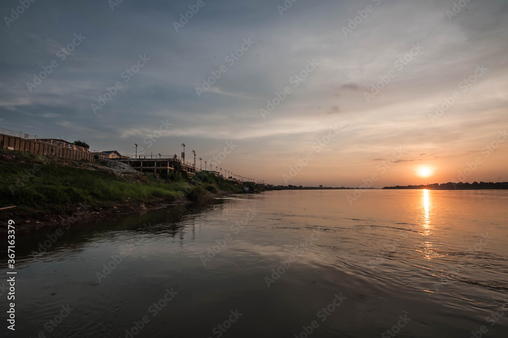 Landscape view of Mae Khong river in sunset at Nong Khai Province Thailand