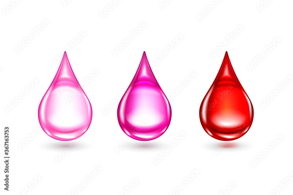 Red drops of ink, wine or blood isolated on white background. Vector realistic mockup of drips of clear pink and red bubbles.