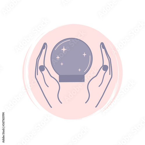 Cute human hands with crystal ball with icon vector, illustration on circle with brush texture, for social media story and instagram highlights