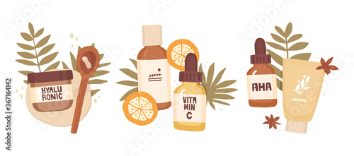 Set of vector hand-drawn illustrations. Cosmetics, tropical leaves. Label inscriptions, hyaluron, aha, vitamin C. Active ingredients in cosmetics, acids, treatment. Beauty consultant, product review