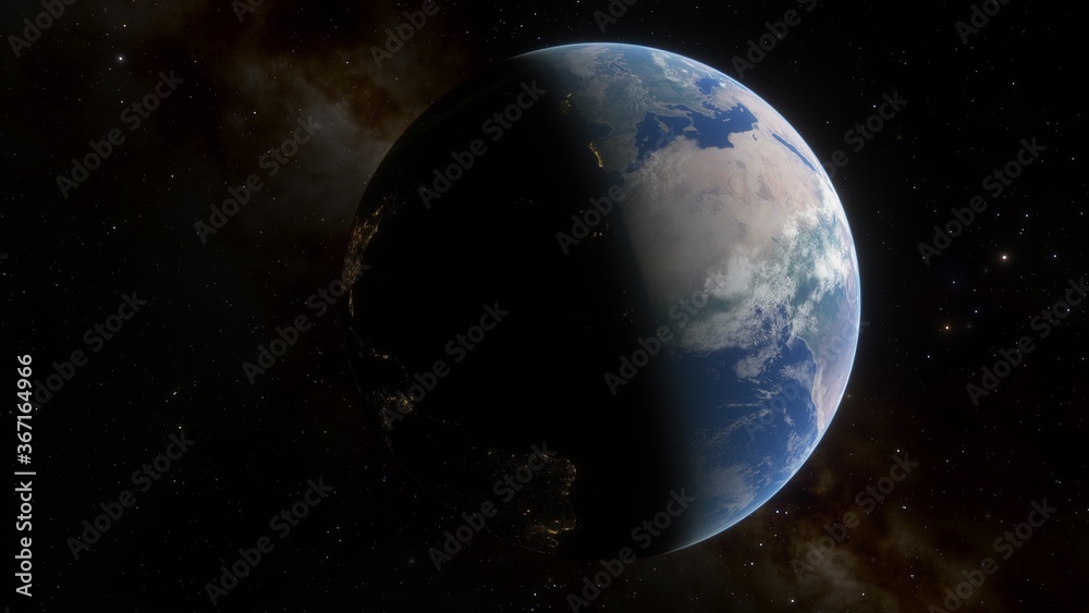realistic planet Earth from space, science fiction wallpaper, cosmic landscape, oceanic expanses, sunrise over the earth from space, 3d render
