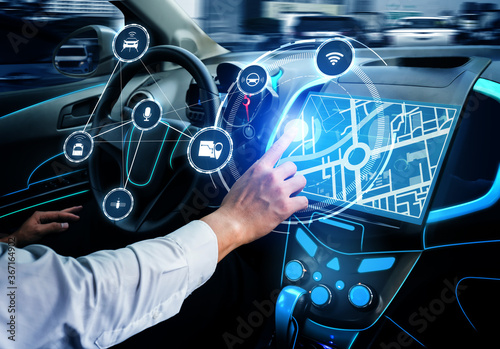 Foto Driverless car interior with futuristic dashboard for autonomous control system