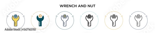 Wrench and nut icon in filled, thin line, outline and stroke style. Vector illustration of two colored and black wrench and nut vector icons designs can be used for mobile, ui, web