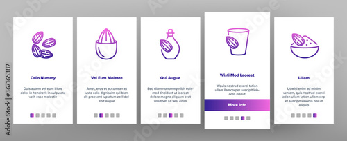 Almond Natural Food Onboarding Mobile App Page Screen Vector. Almond Milk Package And Bottle Drink, Delicious Nut Organic Ingredient And Oil Illustrations