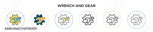 Wrench and gear icon in filled, thin line, outline and stroke style. Vector illustration of two colored and black wrench and gear vector icons designs can be used for mobile, ui, web