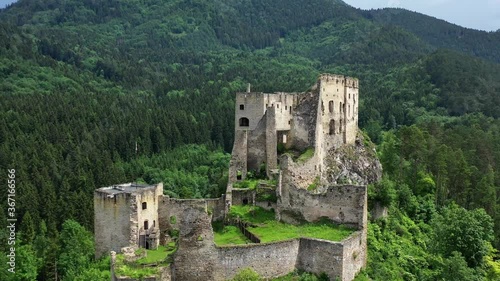 Aerial view of Likava castle in Likavka village in Slovakia photo