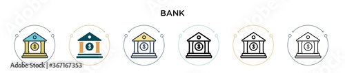 Bank icon in filled, thin line, outline and stroke style. Vector illustration of two colored and black bank vector icons designs can be used for mobile, ui, web