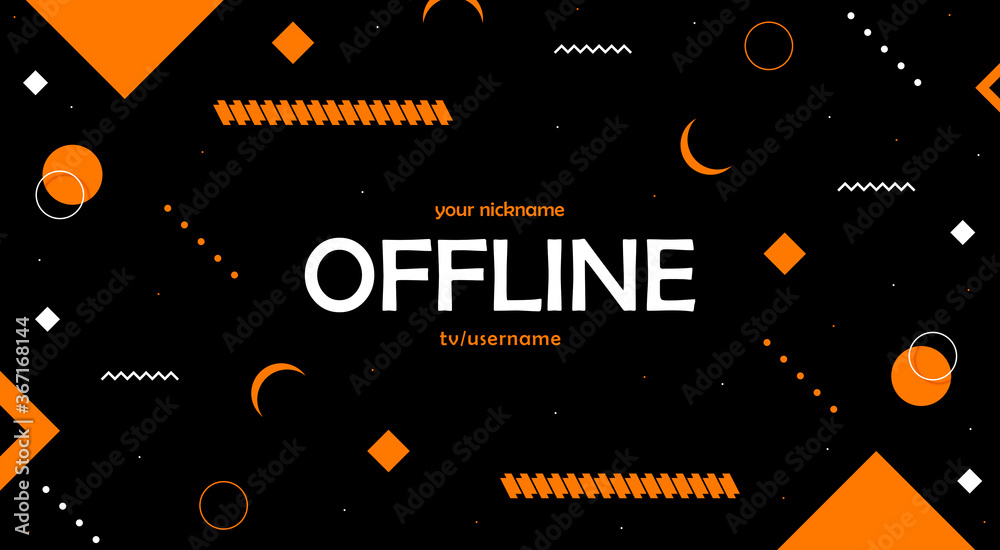 Offline twitch hud screen banner 16:9 for stream. Offline black background with orange shapes. Screensaver for offline streamer broadcast. Streaming offline screen. Screen background