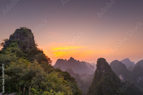 Karst mountain landscape on the Li River in Xingping, Guangxi Province, China.