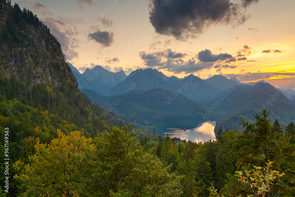 Bavarian Alps landscape in Germany at Dusk.
