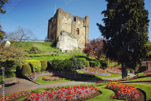Colourful spring tulips around Guildford Castle, Surrey, on a sunny day photo