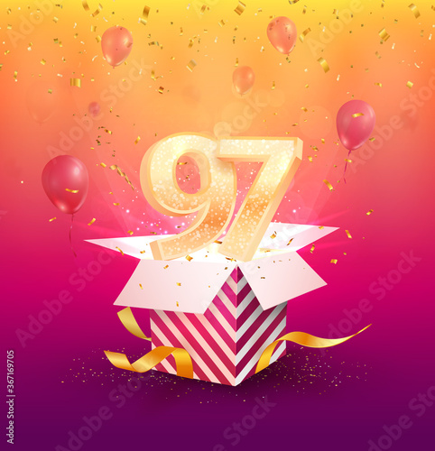 97th years anniversary vector design element. Isolated ninety-seven years jubilee with gift box, balloons and confetti on a colorful background.