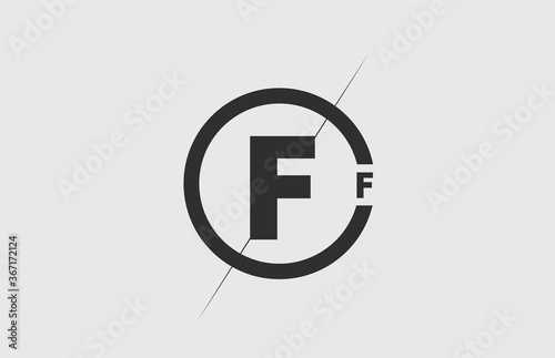 black white alphabet F letter logo icon. Simple line and circle design for company corporate