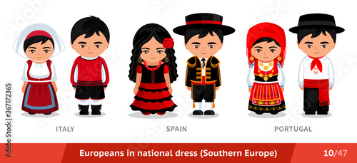 Italy, Spain, Portugal. Men and women in national dress. Set of european people wearing ethnic clothing. Cartoon characters in traditional costume. Southern Europe. Vector flat illustration.