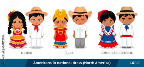 Mexico, Cuba, Dominican Republic. Men and women in national dress. Set of latin americans wearing ethnic clothing. Cartoon characters in traditional costume. North America. Vector flat illustration.