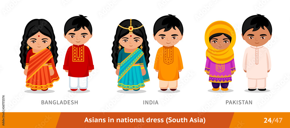 Bangladesh, India, Pakistan. Men and women in national dress. Set of asian  people wearing ethnic clothing. Cartoon characters in traditional costume.  South Asia. Vector flat illustration. Stock Vector | Adobe Stock