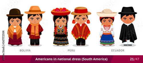 Bolivia, Peru, Ecuador. Men and women in national dress. Set of people wearing ethnic clothing. Cartoon characters in traditional costume. South America. Vector flat illustration. photo
