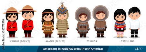 Canadian police, Alaska, aleuts, eskimos, Greenland. Men and women in national dress. Set of people wearing ethnic clothing. Cartoon characters. North America. Vector flat illustration.