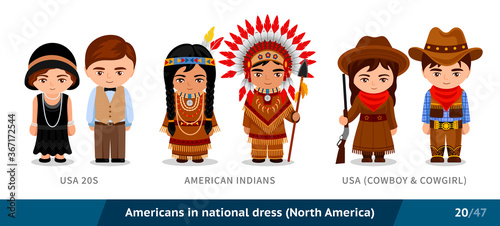 USA 20s, American Indians, USA, cowboy and cowgirl. Men and women in national dress. Set of people wearing ethnic clothing. Cartoon characters. North America. Vector flat illustration.