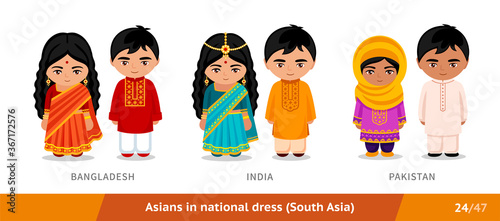Bangladesh, India, Pakistan. Men and women in national dress. Set of asian people wearing ethnic clothing. Cartoon characters in traditional costume. South Asia. Vector flat illustration.