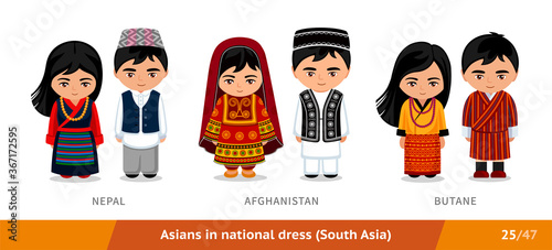 Nepal, Afghanistan, Butane. Men and women in national dress. Set of asian people wearing ethnic clothing. Cartoon characters in traditional costume. South Asia. Vector flat illustration.