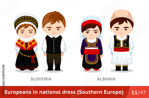 Slovenia, Albania. Men and women in national dress. Set of european people wearing ethnic clothing. Cartoon characters in traditional costume. Southern Europe. Vector flat illustration.