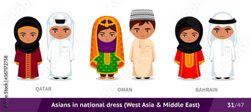 Qatar, Oman, Bahrain. Men and women in national dress. Set of asian people wearing ethnic traditional costume. Isolated cartoon characters. Southeast Asia. Vector flat illustration.