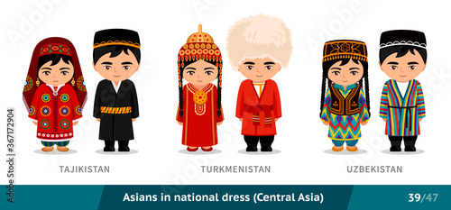 Tajikistan, Turkmenistan, Uzbekistan. Men and women in national dress. Set of asian people wearing ethnic traditional costume. Isolated cartoon characters. Central Asia. Vector flat illustration.