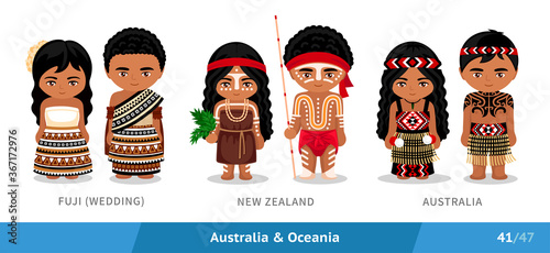 Fuji, NeFuji, New Zealand, Australia. Set of people wearing ethnic traditional costume. Isolated cartoon characters. Australia and Oceania. Vector flat illustration.