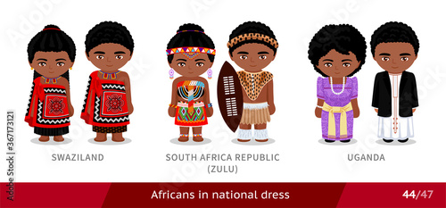 Swaziland, South Africa Republic, zulu tribe, Uganda. Men and women in national dress. Set of african people wearing ethnic traditional costume. Isolated cartoon characters. Vector flat illustration.