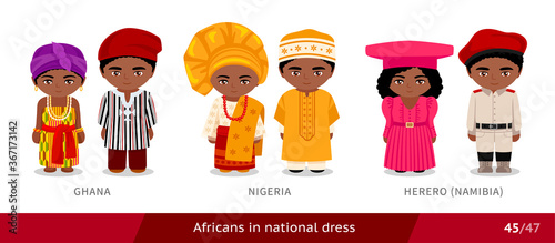 Ghana, Nigeria, Herero, Namibia. Men and women in national dress. Set of african people wearing ethnic traditional costume. Isolated cartoon characters. Vector flat illustration.
