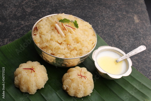 Suji ka halwa is indian dish, served as dessert or as offering to gods. Its tastes sweet and delicious. In marathi it called as sheera or ravyacha sheera. photo