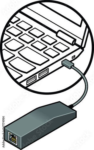 Detail of laptop showing an ethernet adapter connected to a proprietary mini port.