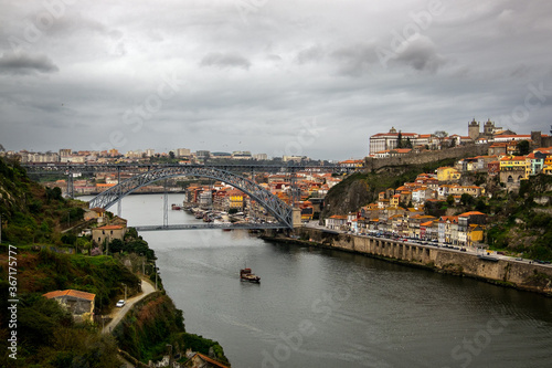 Portugal, Porto - January 2020. Top view of the old streets of the city of Porto and the Duoro river.