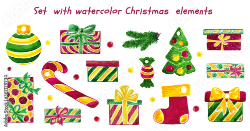 Watercolor set with christmas decoration, festive elements for cards, label and tags