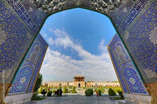 Naqshejahan Square in the morning through archway, Isfahan, Iran photo
