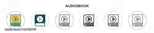Audiobook icon in filled, thin line, outline and stroke style. Vector illustration of two colored and black audiobook vector icons designs can be used for mobile, ui, web
