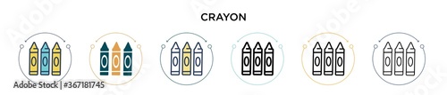 Crayon icon in filled, thin line, outline and stroke style. Vector illustration of two colored and black crayon vector icons designs can be used for mobile, ui, web