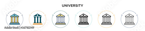 University icon in filled, thin line, outline and stroke style. Vector illustration of two colored and black university vector icons designs can be used for mobile, ui, web