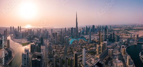 Amazing sunset view of Downtown Dubai Panorama with Burj Khalifa in the middle