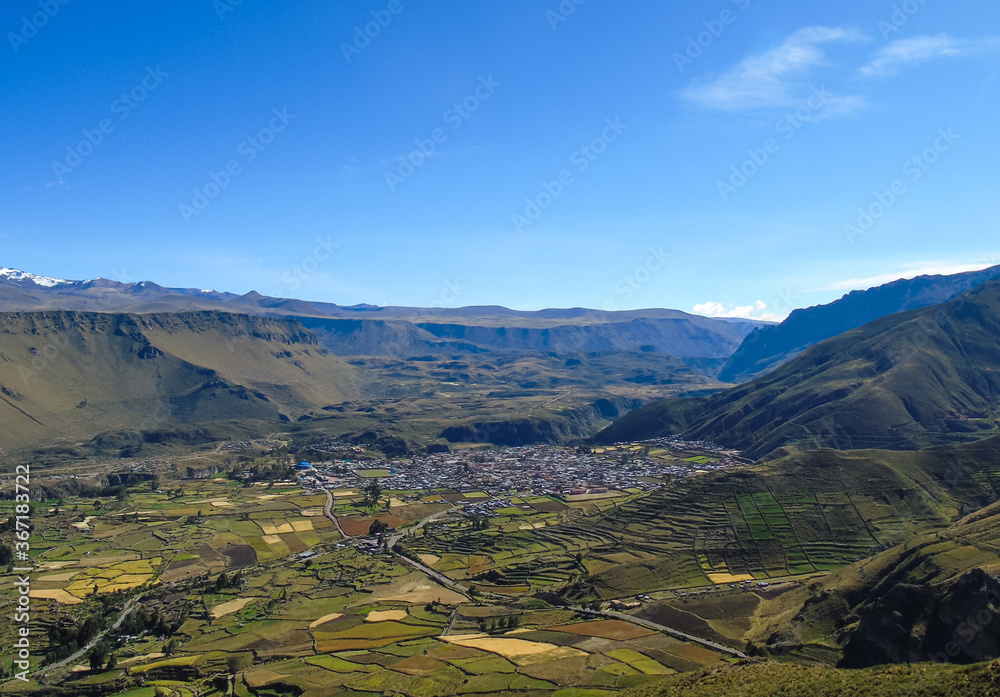 Panorama shot of Colca Canyon (Colca Valley) in Peru with quinoa and crop plantations