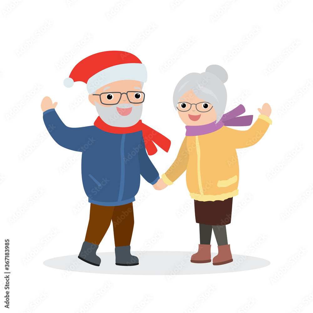 Cartoon elderly couple. Happy caucasian old people hold hands,characters isolated