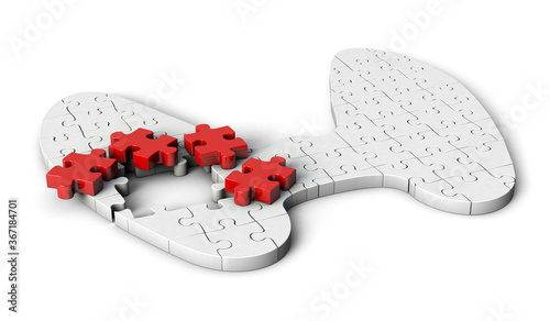 Puzzle pieces in shape of thyroid. Thyroid shaped jigsaw 3d illustration isolated on white background.